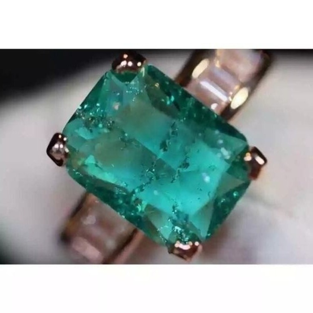 New 7 Rose Gold Simulated Emerald Cocktail Ring Antique Solitaire Baguettes CZ